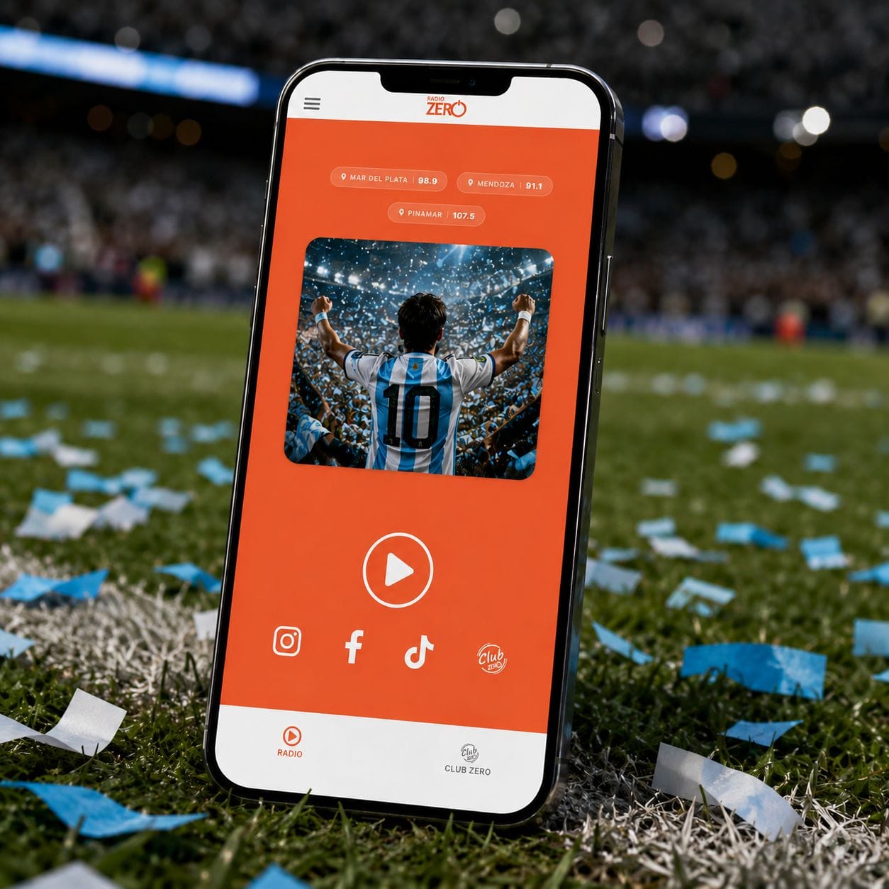 Teléfono con la aplicación Radio Zero sobre el césped de un estadio