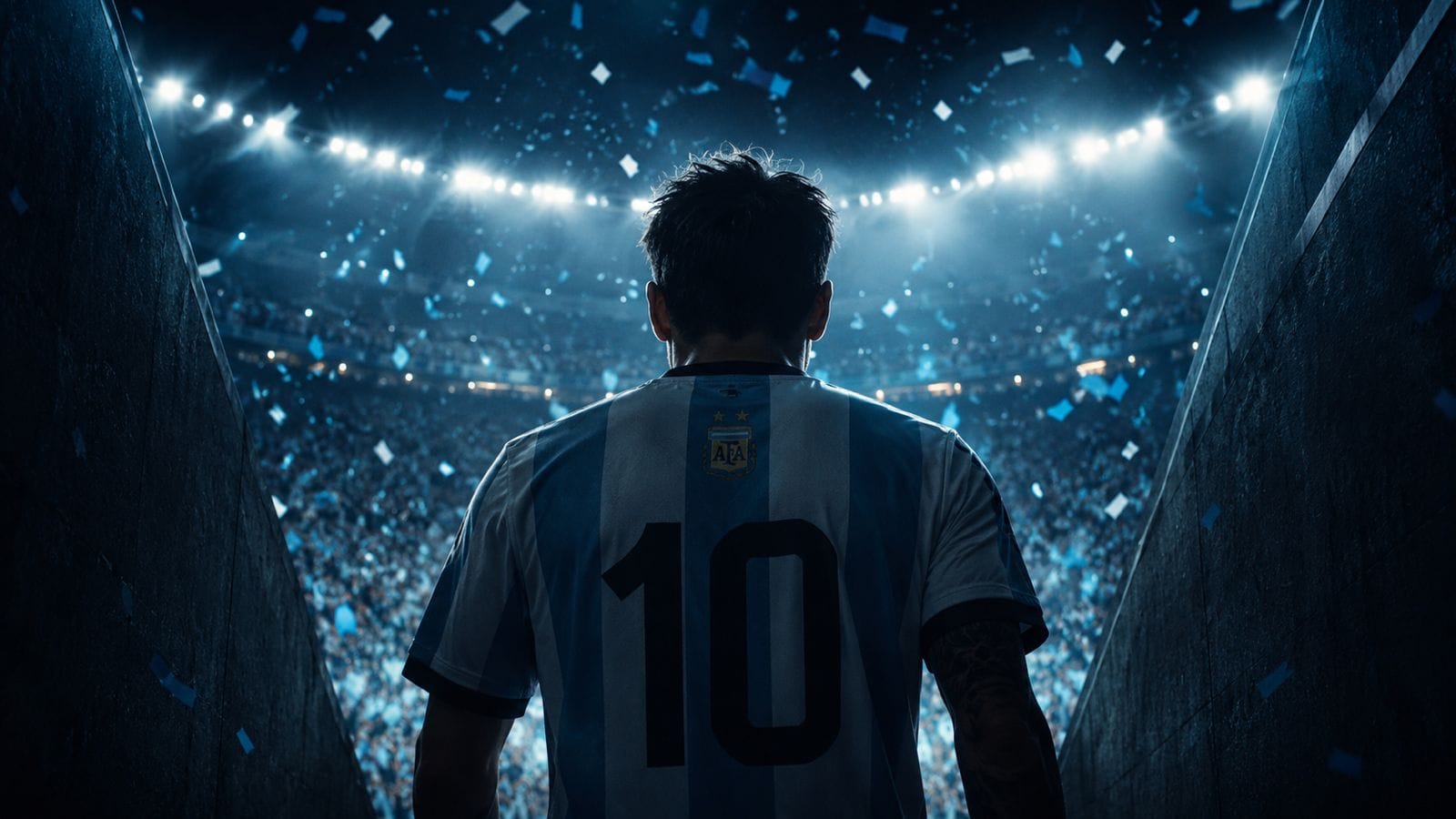 Jugador con la camiseta de Argentina y el 10, saliendo al estadio con confeti celeste y blanco